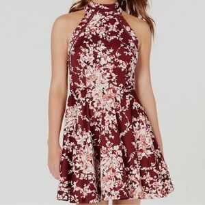 B Darlin Wine Floral Halter Mini Dress
